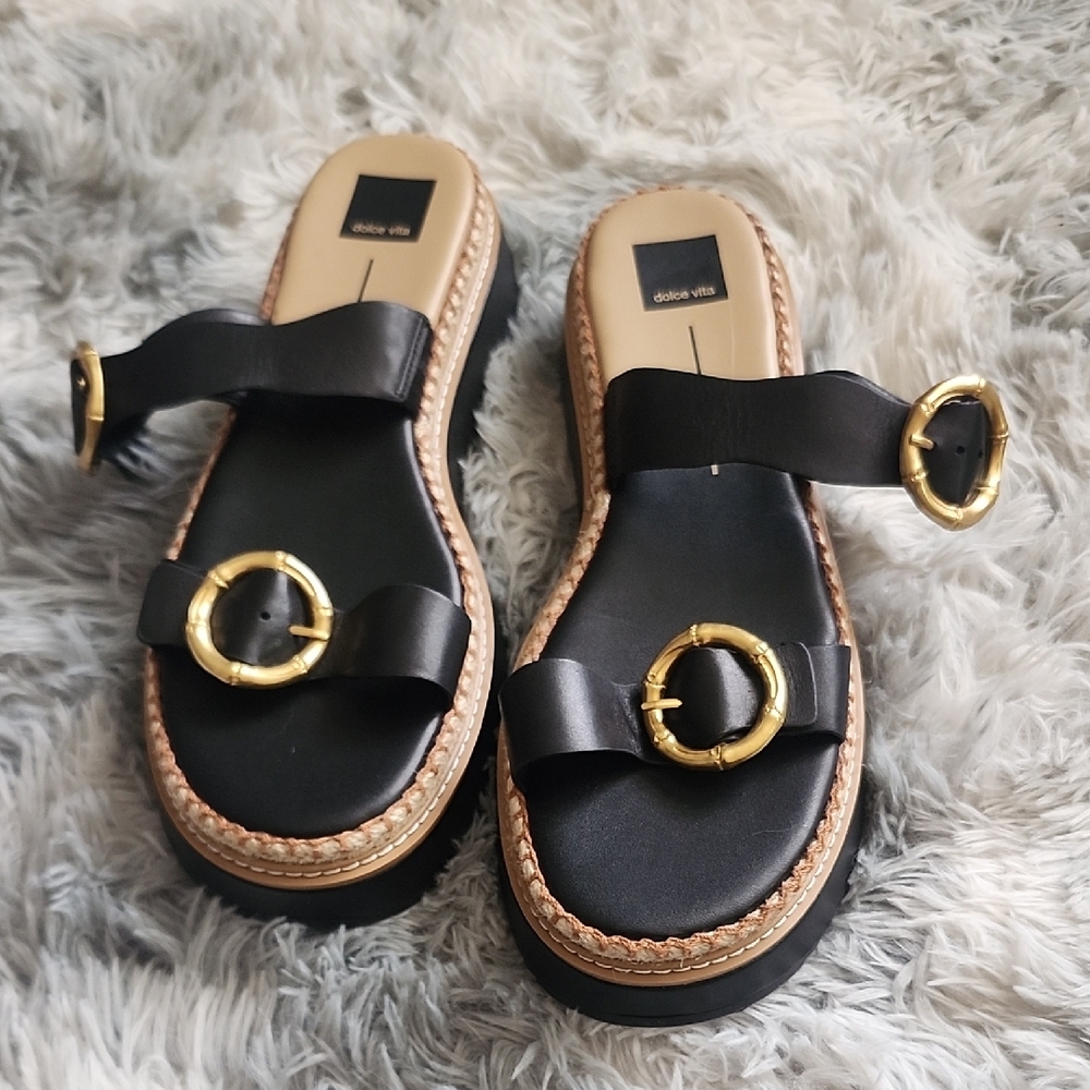 Dolce Vita Black Leather Slide Sandals with Gold Buckles